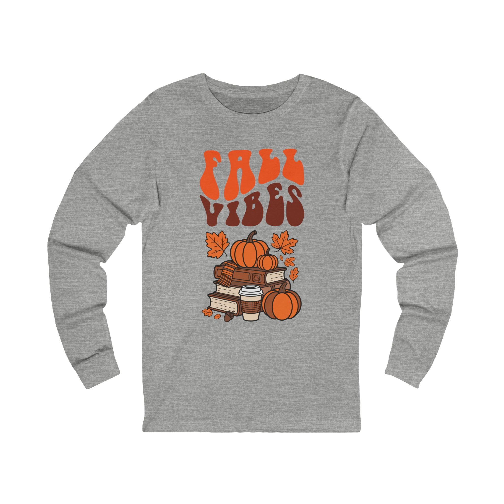 Fall Vibes Retro Pumpkin Long Sleeve– Vintage Autumn Books and Coffee Tee | Cozy Fall Aesthetic T-Shirt for Women