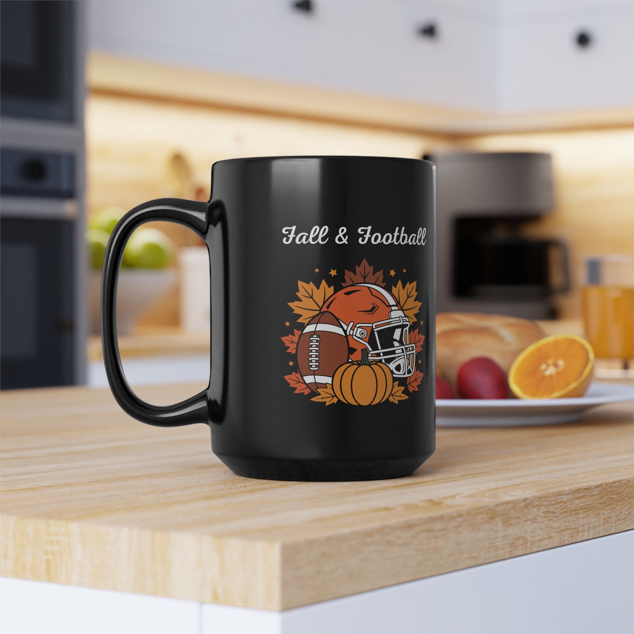 Fall & Football Mug — Autumn Leaves, Helmet & Pumpkin Coffee Cup (11oz/15oz)