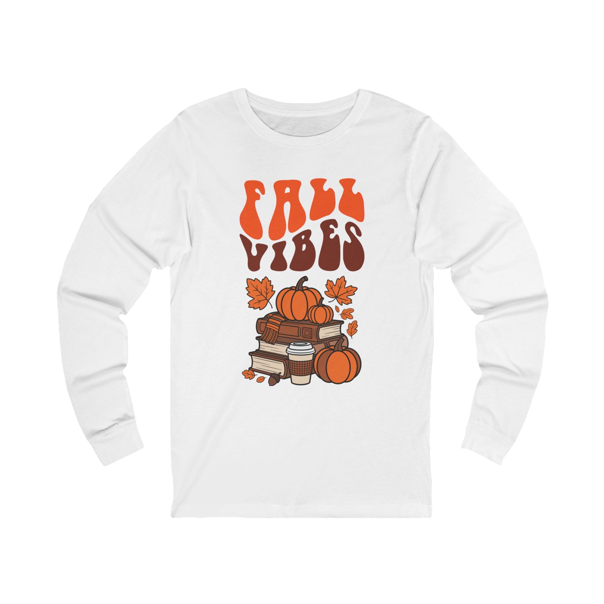 Fall Vibes Retro Pumpkin Long Sleeve– Vintage Autumn Books and Coffee Tee | Cozy Fall Aesthetic T-Shirt for Women