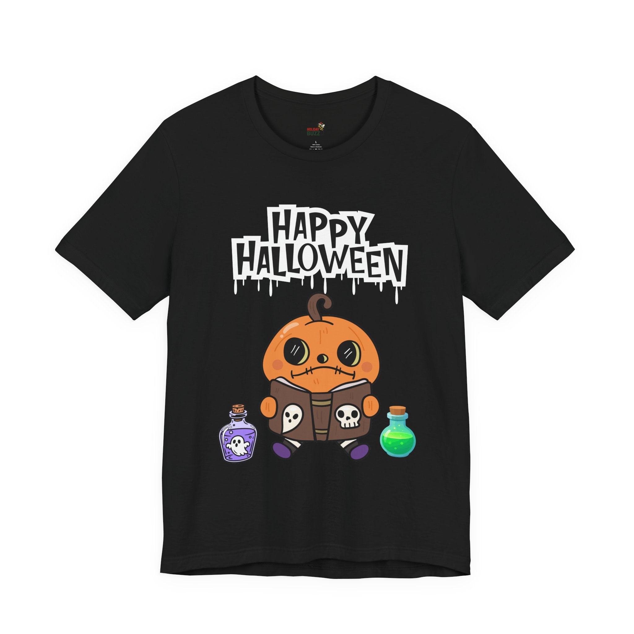 Happy Halloween T-Shirt – Cute Pumpkin Reading Spell Book Tee | Spooky Season Shirt | Halloween Graphic Tee