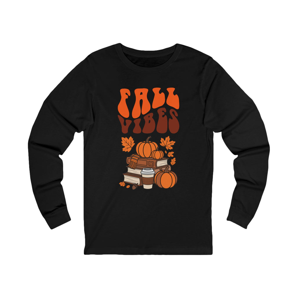 Fall Vibes Retro Pumpkin Long Sleeve– Vintage Autumn Books and Coffee Tee | Cozy Fall Aesthetic T-Shirt for Women