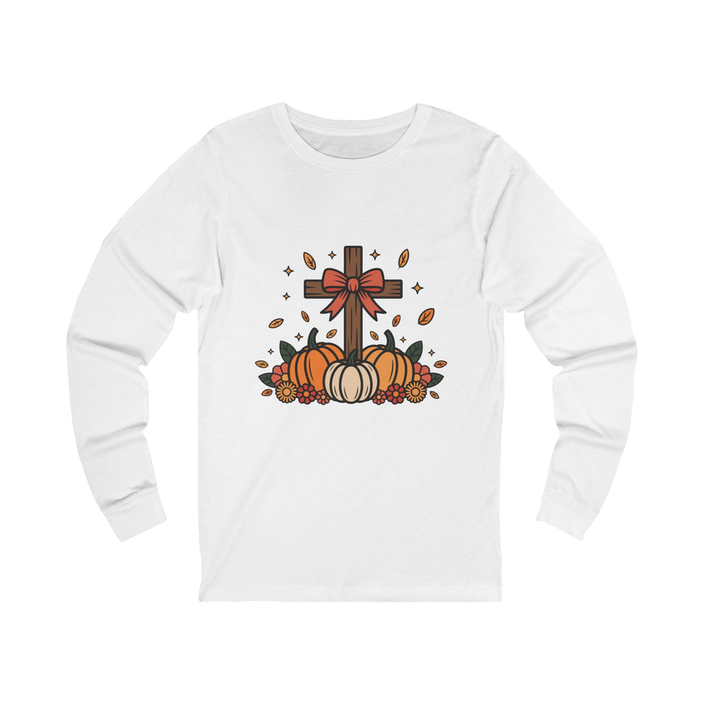 Faithful Harvest Cross Long Sleeve Shirt – Christian Fall Pumpkin Tee | Thanksgiving Faith Shirt for Women
