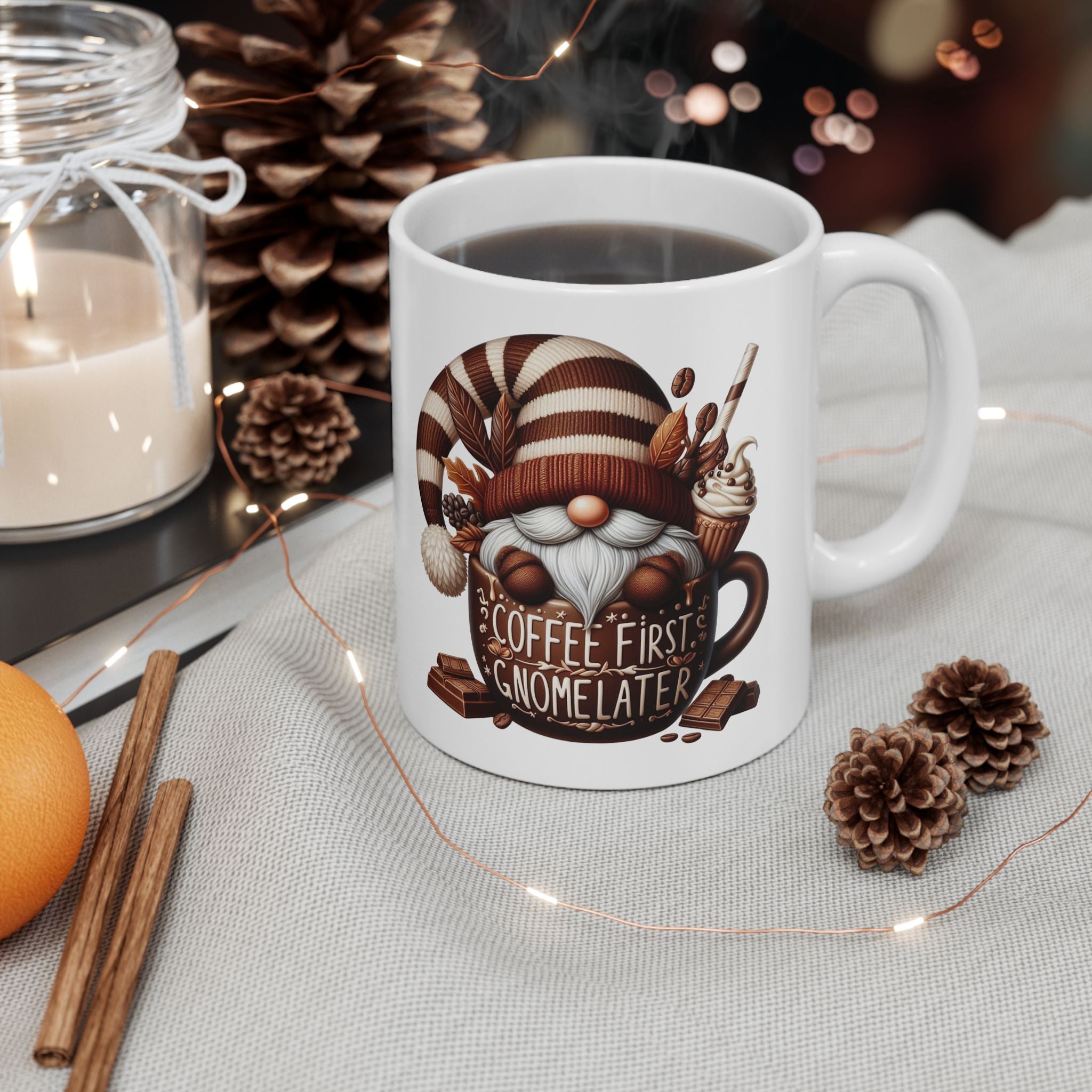 Coffee First Gnome Later Mug – Funny Holiday Coffee Cup | Cozy Christmas Gift for Coffee Lovers