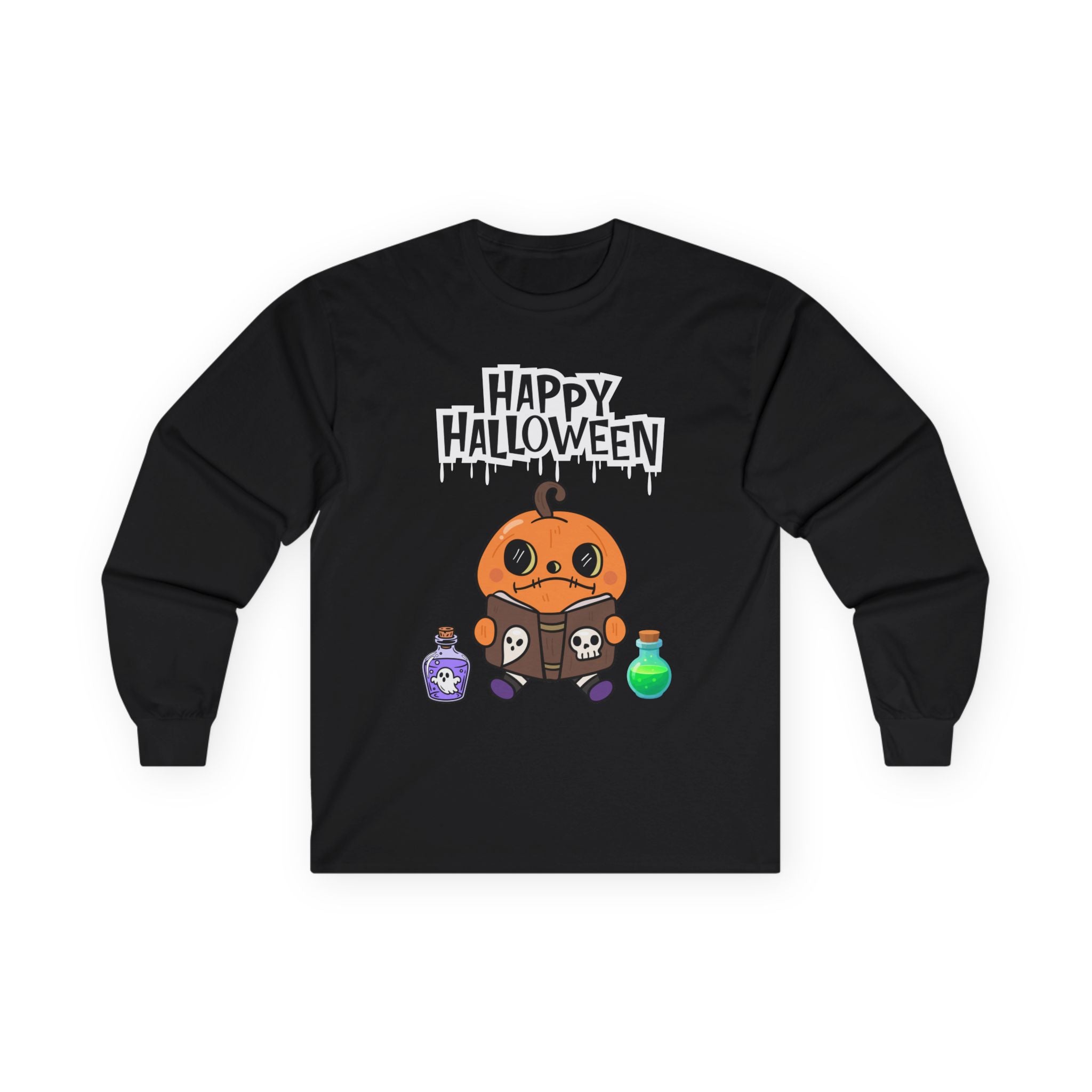 Happy Halloween Pumpkin Potion Long Sleeve Tee, Unisex Halloween Apparel, Spooky Season Gift, Trick or Treat Theme