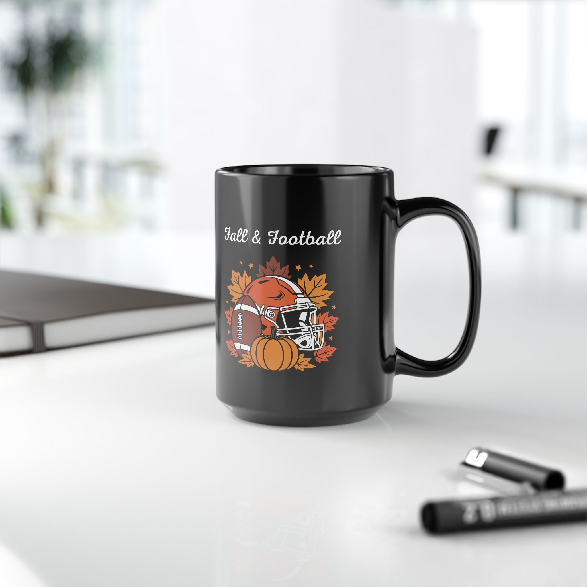Fall & Football Mug — Autumn Leaves, Helmet & Pumpkin Coffee Cup (11oz/15oz)